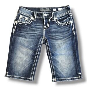 Miss Me Signature Bermuda Shorts Dark Wash Girl's Size 24 Embroidered Pockets